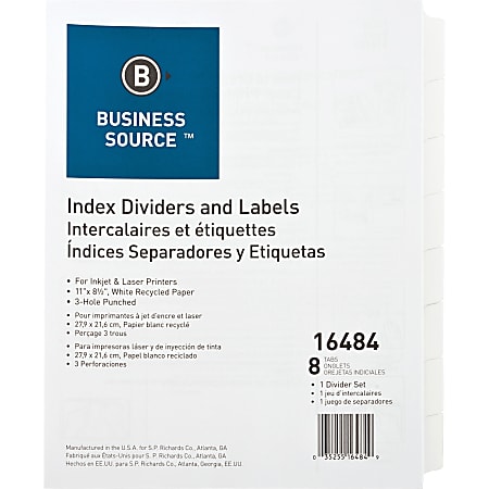 Business Source 3-Hole Punched Laser Index Tabs - 8 x Divider(s) - 8 Tab(s)/Set - 3 Hole Punched - White Tab(s) - 8 / Set