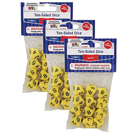 Learning Advantage 10-Sided Polyhedra Dice, Yellow, 12 Dice Per Pack, Set Of 3 Packs