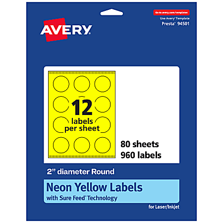 Avery® Print-To-The-Edge Labels With Sure Feed® Technology, 94501-NYP80, Round, 2", Matte Neon Yellow, Pack of 960