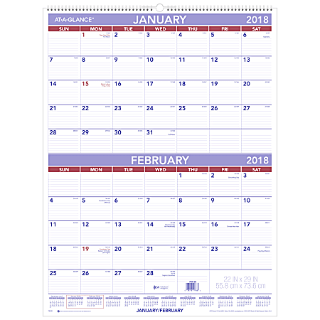 AT-A-GLANCE® 2-Month Wall Calendar, 22" x 29", Blue/Red, January to December 2018 (PM928-18)