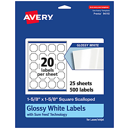 Avery® Glossy Permanent Labels With Sure Feed®, 94110-WGP25, Square Scalloped, 1-5/8" x 1-5/8", White, Pack Of 500