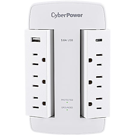 CyberPower CSP600WSURC5 Professional 6 - Outlet Surge with 900 J - NEMA 5-15P, Wall Tap, 2 - 3.6 Amps (Shared) USB, Lifetime Warranty