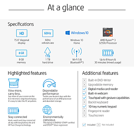 HP 15 gw0023od Laptop, 15.6" Screen, AMD Ryzen™ 3, 8GB Memory, 1TB Hard Drive, Windows® 10, 3M201UA#ABA