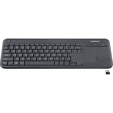 Logitech K400 Professional Wireless Touch Keyboard - Wireless Connectivity - RF - 33 ft - USB InterfaceTouchPad - PC, Windows, iOS, Android, Linux - AA Battery Size Supported - Black