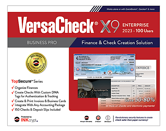VersaCheck&reg; X9 INKcrypt Enterprise Software, 2023, For 100 Users, Windows&reg; 8.1/10/11, Disc/Product Key
