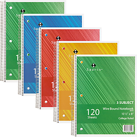 Sparco™ Wire-Bound Notebooks, 8" x 10.5", College Ruled, 120 Sheets, Assorted, Pack Of 6