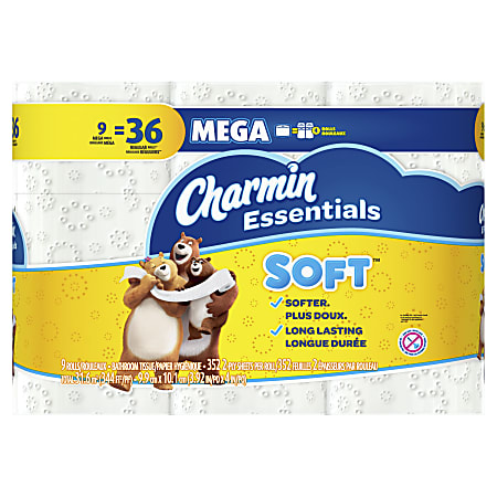 Charmin Essentials Soft Toilet Paper 9 Mega Rolls, 352 sheets per roll