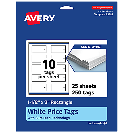 Avery® Print-To-The-Edge Price Tags With Sure Feed® Technology, 1-1/2"x3" Rectangle, Matte White, Pack Of 250, 95382MWT25