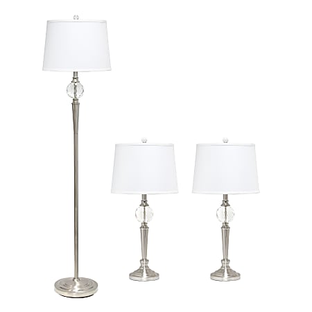 Laila Home Crystal Drop Lamp Set, White Shades/Brushed Nickel Bases, Set Of 3 Lamps