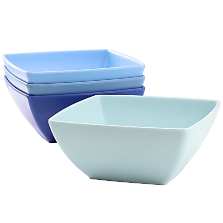 Gibson Home Grayson 4-Piece Square Melamine Dinner Bowl Set, 6”, Assorted Blue