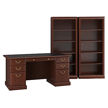 Bush Furniture Saratoga 66"W Executive Desk And Two 5-Shelf Bookcases, Harvest Cherry/Black, Standard Delivery