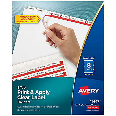 Avery® Customizable Index Maker® Dividers For 3 Ring Binder, Easy Print & Apply Clear Label Strip, 8 Tab, White, Box Of 25 Sets