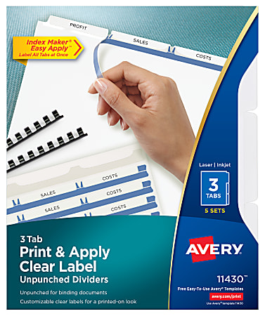 Avery® Print & Apply Clear Label Dividers With Index Maker® Easy Apply™ Printable Label Strip And White Tabs, 3-Tab, Box Of 5 Sets