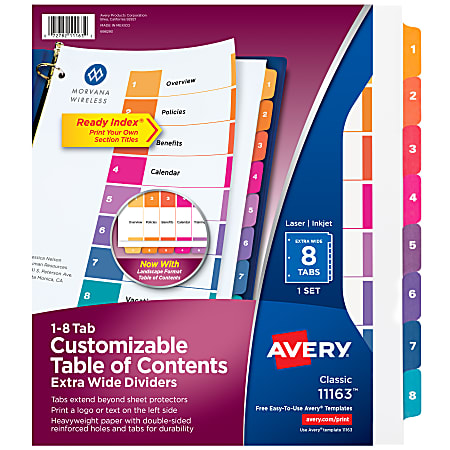 Avery® Extra-Wide Ready Index Dividers With Customizable Table of Contents For 3 Ring Binders, 9-1/4" x 11", 8-Tab, White Paper With Multicolored Tabs, 1 Set