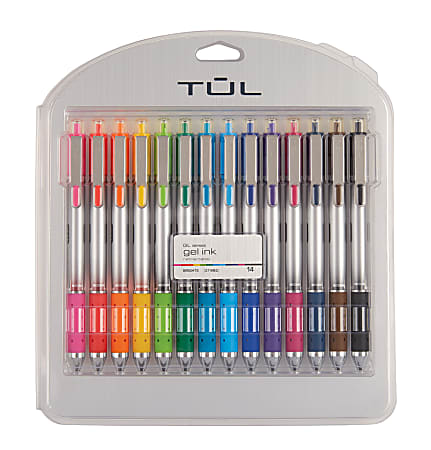 TUL® GL Series Retractable Gel Pens, Medium Point, 0.7 mm, Silver Barrel, Assorted Standard & Bright Ink Colors, Pack Of 14 Pens