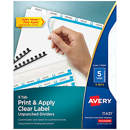Avery® Customizable Index Maker® Unpunched Dividers For Use With Any Binding System, Easy Print & Apply Clear Label Strip, 5 Tab, White, Pack Of 5 Sets