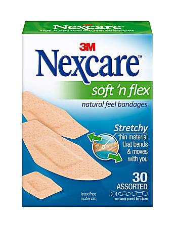 Nexcare Soft 'n Flex Bandages, Assorted - Assorted Sizes - 0.94" x 1.13", 1.13" x 3", 0.88" x 2.25" - 30/Box - 30 Per Box - Tan - Fabric