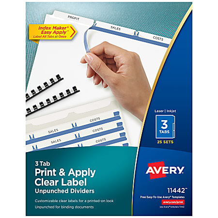 Avery® Print & Apply Clear Label Dividers With Index Maker® Easy Apply™ Printable Label Strip And White Tabs, Unpunched, 3-Tab, Box Of 25 Sets