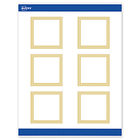 Avery® Print-To-The-Edge Labels With Sure Feed® Technology, S00-DHJ-PRWMP10, Square, 3" x 3", Matte White, Preprinted Multi-Lined Gold Border Design, Pack Of 60
