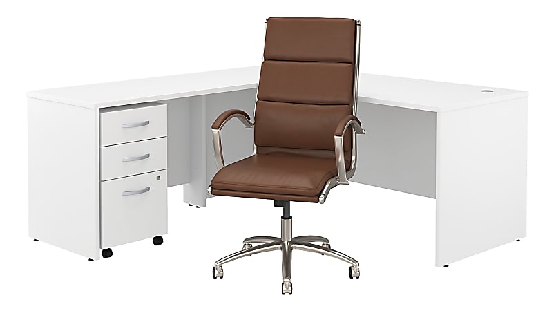Bush Business Furniture Studio C 72"W L Shaped Desk with Mobile File Cabinet and High Back Office Chair, White, Standard Delivery
