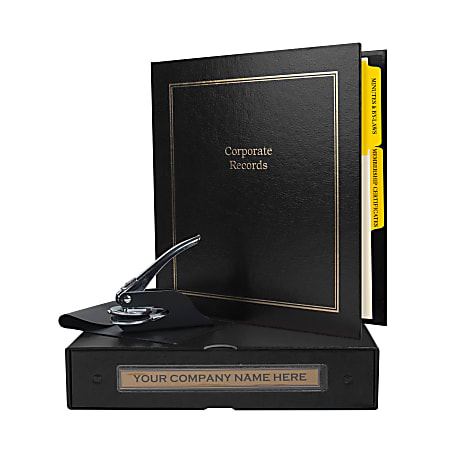 Custom Not For Profit Corporate Kit, 1-1/2" Black Binder, 20 Blue Stock Certificates, 1-5/8" Corporate Seal Embosser