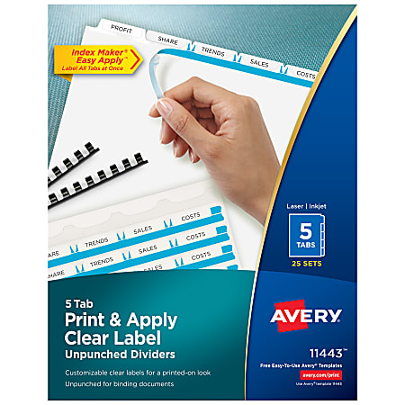 Avery® Unpunched Customizable Dividers For Use With Any Binding System, 5 Tab, White, 25 Sets - 11443