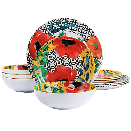 Elama Grace 12-Piece Melamine Dinnerware Set, Multicolor