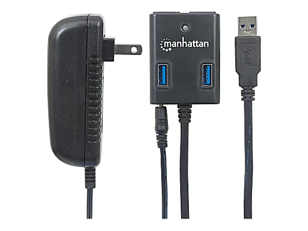 Manhattan USB-A 4-Port Hub, 4x USB-A Ports, 5 Gbps (USB 3.2 Gen1 aka USB 3.0), AC or Bus Power, Fast charge up to 0.9A per port with inc power adapter, SuperSpeed USB, Black, Three Year Warranty, Blister - Hub - 4 x SuperSpeed USB 3.0 - desktop