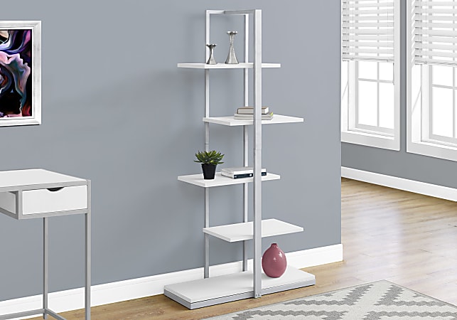 Monarch Specialties 60"H 5-Shelf Zigzag Metal Bookcase, White/Silver