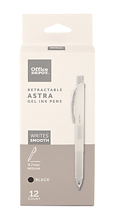 Office Depot® Brand Astra Retractable Gel Ink Pens, Medium Point, 0.7 mm, White Barrel, Black Ink, Pack Of 12 Pens