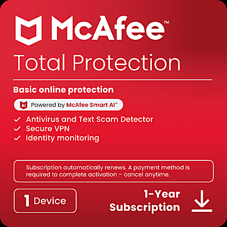 McAfee® Total Protection Antivirus & Internet Security Software, For 1 Device, 1-Year Subscription Auto-Renewal, Product Key