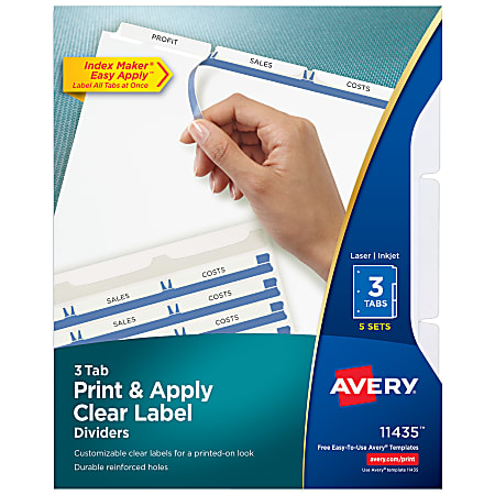 Avery® Customizable Index Maker® Dividers For 3 Ring Binder, Easy Print & Apply Clear Label Strip, 3 Tab, White, Pack Of 5 Sets