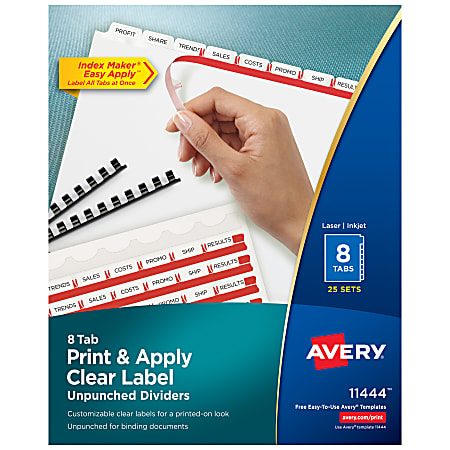 Avery® Unpunched Customizable Dividers For Use With Any Binding System With Index Maker® Easy Print & Apply Clear Label Strip, 8 Tab, White, Pack Of 25 Sets