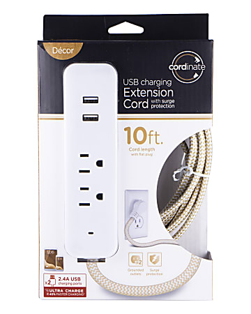 Cordinate 2 Outlet 2 USB Extension Cord with Surge Protection, 10' Braided Cord, Tan/White, 41883