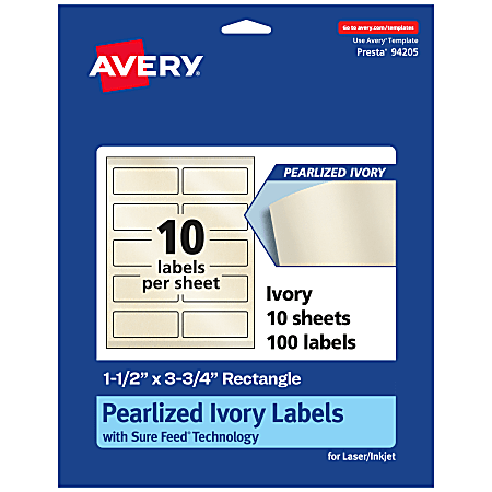 Avery® Pearlized Permanent Labels With Sure Feed®, 94205-PIP10, Rectangle, 1-1/2" x 3-3/4", Ivory, Pack Of 100 Labels