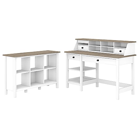 Bush Furniture Mayfield 54"W Computer Desk With Shelves, Desktop Organizer And 6-Cube Bookcase, Pure White/Shiplap Gray, Standard Delivery