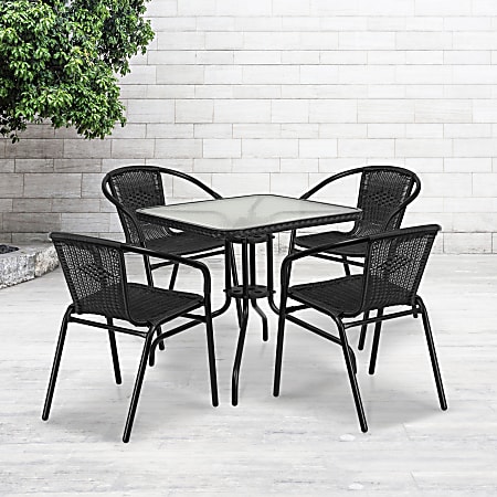 Flash Furniture Square Glass And Metal Table With 4 Rattan Stack Chairs, 28", Clear/Black