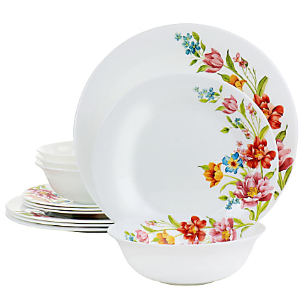 Gibson Ultra Blooming Rose 12-Piece Tempered Opal Glass Dinnerware Set, White
