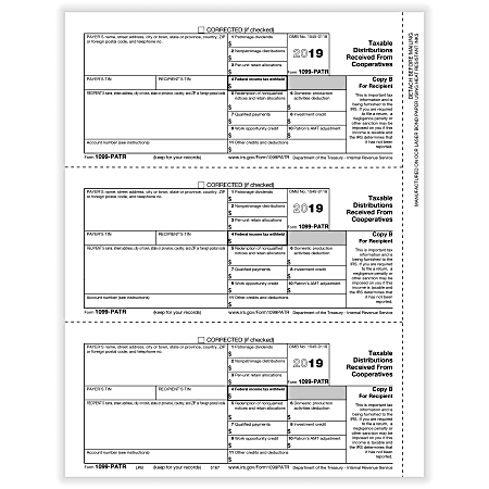ComplyRight™ 1099-PATR Tax Forms, Laser, Recipient Copy B, 8-1/2" x 11", Pack Of 50 Forms