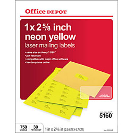 Office Depot® Brand Color Laser Address Labels, 1" x 2 5/8", Neon Yellow, Box Of 750