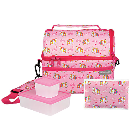 Bentology 4-Piece Lunch Kit With Dual-Compartment Tote, Unicorn, Pink
