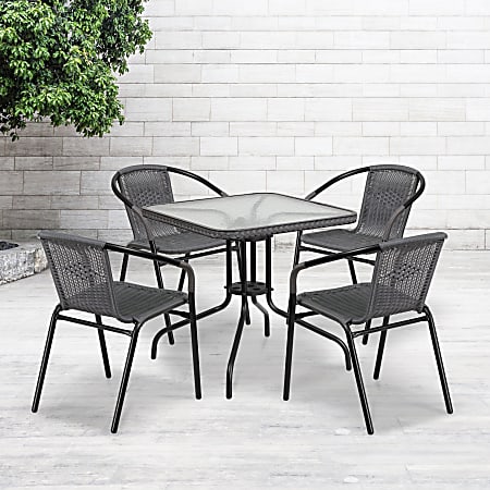 Flash Furniture Square Glass And Metal Table With 4 Rattan Stack Chairs, 28", Clear/Gray