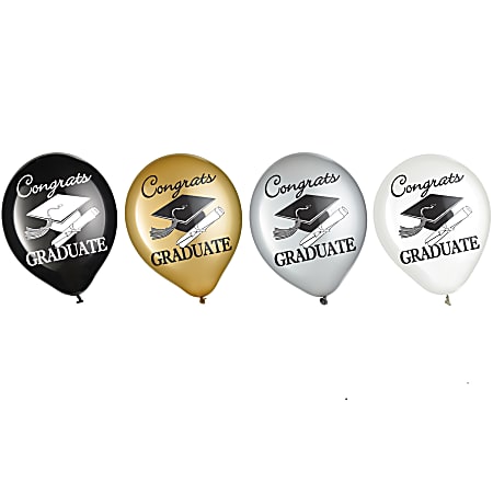 Amscan Graduation Balloons, 12", Multicolor, 15 Balloons Per Pack, Set Of 4 Packs