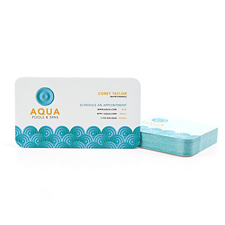 Custom Full-Color Luxury Heavy Weight Color Core Business Cards, Aqua Core, Rounded Corners, 2-Sided, Box Of 50