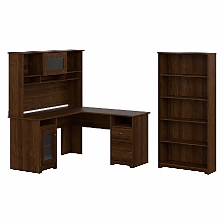 Bush Business Furniture Cabot 60"W L-Shaped Corner Desk With Hutch And 5-Shelf Bookcase, Modern Walnut, Standard Delivery