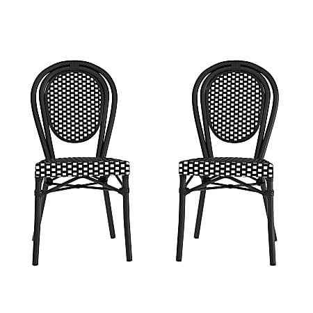 Flash Furniture 2 Pack Lourdes Indoor/Outdoor Commercial Thonet Bistro Stacking Chair, PE Rattan and Aluminum Frame, Black & White/Black Frame
