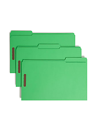 Smead® Color Reinforced Tab Fastener Folders, Legal Size, 1/3 Cut, Green, Pack Of 50