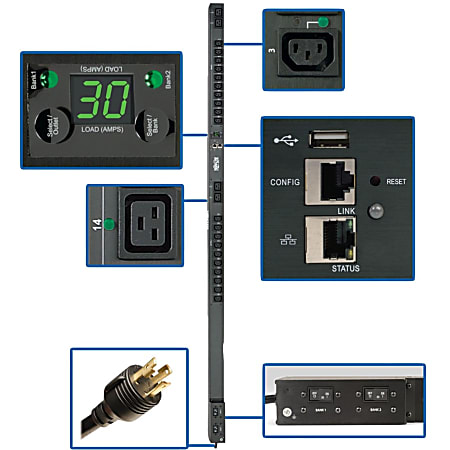 Tripp Lite 5/5.8kW Single-Phase Switched PDU, Outlet Monitoring, 208/240V Outlets (20 C13 & 4 C19), 0U, LX Platform Interface, TAA - PDUMVR30HVNETLX