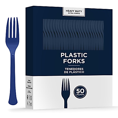 Amscan 8017 Solid Heavyweight Plastic Forks, Navy, 50 Forks Per Pack, Case Of 3 Packs