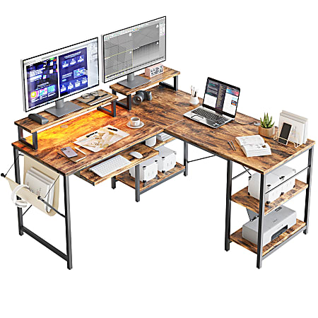 Industrial L-Shaped Desk with Storage Shelves, Corner Computer